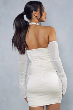 Premium Satin Corseted Mesh Insert Halterneck Dress -BOW Clothing Shop ivory premium satin corseted mesh insert halterneck dress 2