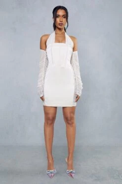 Premium Satin Corseted Mesh Insert Halterneck Dress -BOW Clothing Shop ivory premium satin corseted mesh insert halterneck dress 3