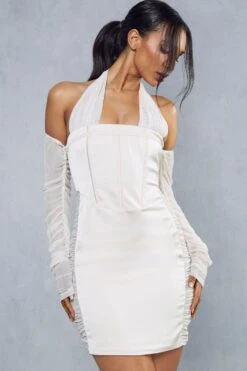 Premium Satin Corseted Mesh Insert Halterneck Dress -BOW Clothing Shop ivory premium satin corseted mesh insert halterneck dress 4