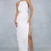 Premium Satin Deep V Back Ruched Halterneck Maxi Dress -BOW Clothing Shop ivory premium satin deep v back ruched halterneck maxi dress