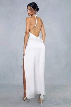 Premium Satin Deep V Back Ruched Halterneck Maxi Dress -BOW Clothing Shop ivory premium satin deep v back ruched halterneck maxi dress 2