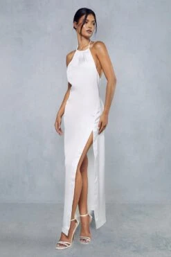 Premium Satin Deep V Back Ruched Halterneck Maxi Dress -BOW Clothing Shop ivory premium satin deep v back ruched halterneck maxi dress 3