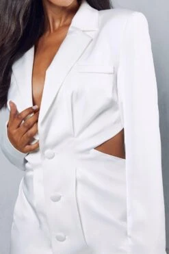 Premium Satin Pintuck Cut Out Blazer Dress -BOW Clothing Shop ivory premium satin pintuck cut out blazer dress 1