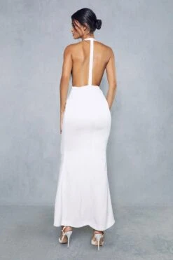 Premium Satin Pleated Halterneck Open Back Maxi Dress -BOW Clothing Shop ivory premium satin pleated halterneck open back maxi dress 2