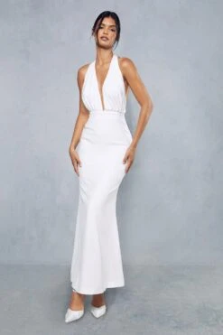 Premium Satin Pleated Halterneck Open Back Maxi Dress -BOW Clothing Shop ivory premium satin pleated halterneck open back maxi dress 3