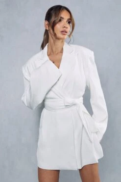 Premium Tailored Oversized Belted Blazer Dress -BOW Clothing Shop ivory premium tailored oversized belted blazer dress 4