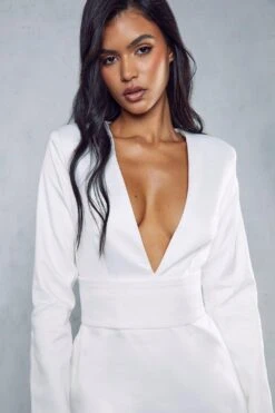 Premium Tailored Plunge Belted Waist Dress -BOW Clothing Shop ivory premium tailored plunge belted waist dress 1