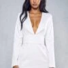 Premium Tailored Plunge Belted Waist Dress -BOW Clothing Shop ivory premium tailored plunge belted waist dress