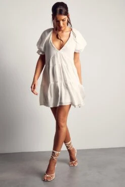 Puff Sleeve Plunge Tiered Smock Dress -BOW Clothing Shop ivory puff sleeve plunge tiered smock dress 3