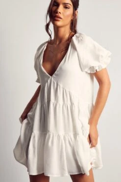 Puff Sleeve Plunge Tiered Smock Dress -BOW Clothing Shop ivory puff sleeve plunge tiered smock dress 4