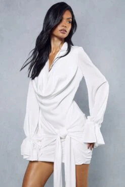 Satin Draped Plunge Collared Mini Dress -BOW Clothing Shop ivory satin draped plunge collared mini dress 5