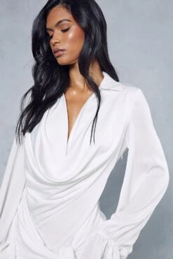 Satin Draped Plunge Collared Mini Dress -BOW Clothing Shop ivory satin draped plunge collared mini dress 6