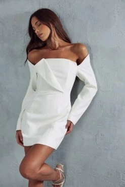 Structured Off Shoulder Mini Dress -BOW Clothing Shop ivory structured off shoulder mini dress 4