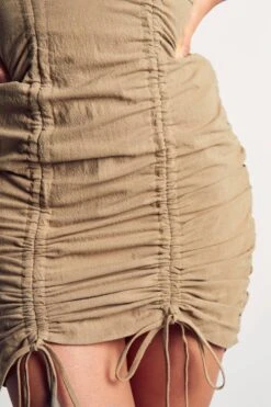 Linen Look Ruched Front Short Sleeve Shirt Dress -BOW Clothing Shop khaki linen look ruched front short sleeve shirt dress 5