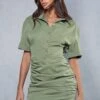 Poplin Short Sleeve Ruched Shirt Dress -BOW Clothing Shop khaki poplin short sleeve ruched shirt dress