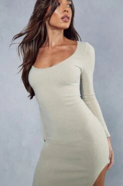 Premium Brushed Rib Scoop Neck Split Leg Maxi Dress -BOW Clothing Shop khaki premium brushed rib scoop neck split leg maxi dress 1