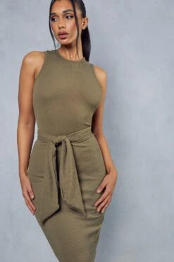 Rib Tie Waist Racer Neck Midi Dress -BOW Clothing Shop khaki rib tie waist racer neck midi dress 1
