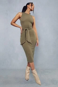 Rib Tie Waist Racer Neck Midi Dress -BOW Clothing Shop khaki rib tie waist racer neck midi dress 3