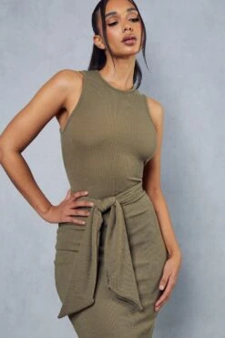 Rib Tie Waist Racer Neck Midi Dress -BOW Clothing Shop khaki rib tie waist racer neck midi dress 4