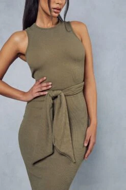 Rib Tie Waist Racer Neck Midi Dress -BOW Clothing Shop khaki rib tie waist racer neck midi dress 5