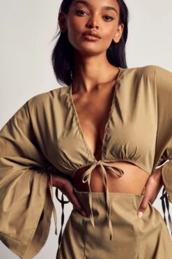 Ruched Sleeve Strappy Shirt Dress -BOW Clothing Shop khaki ruched sleeve strappy shirt dress 1