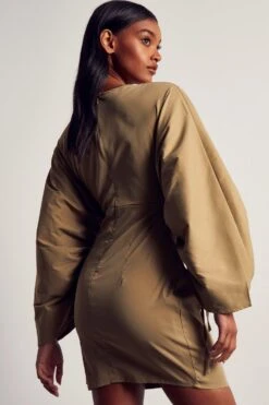 Ruched Sleeve Strappy Shirt Dress -BOW Clothing Shop khaki ruched sleeve strappy shirt dress 2