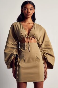 Ruched Sleeve Strappy Shirt Dress -BOW Clothing Shop khaki ruched sleeve strappy shirt dress 3