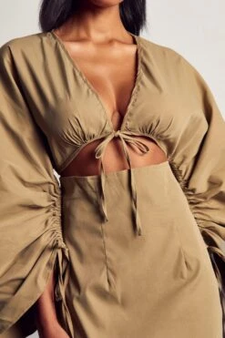 Ruched Sleeve Strappy Shirt Dress -BOW Clothing Shop khaki ruched sleeve strappy shirt dress 5