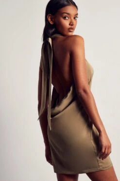 Satin Cowl Open Back Mini Dress -BOW Clothing Shop khaki satin cowl open back mini dress 2