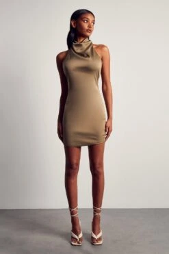 Satin Cowl Open Back Mini Dress -BOW Clothing Shop khaki satin cowl open back mini dress 3
