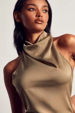 Satin Cowl Open Back Mini Dress -BOW Clothing Shop khaki satin cowl open back mini dress 5