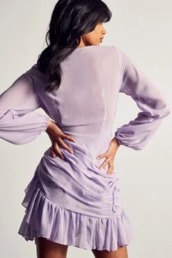 Chiffon Ruched Frill Detail Mini Dress -BOW Clothing Shop lilac chiffon ruched frill detail mini dress 2