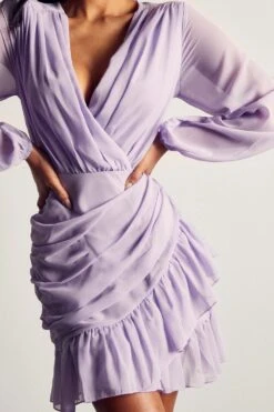 Chiffon Ruched Frill Detail Mini Dress -BOW Clothing Shop lilac chiffon ruched frill detail mini dress 4