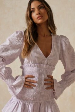 Gingham Shirred Waist Mini Dress -BOW Clothing Shop lilac gingham shirred waist mini dress 2