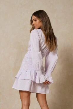 Gingham Shirred Waist Mini Dress -BOW Clothing Shop lilac gingham shirred waist mini dress 3