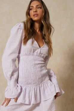 Gingham Shirred Waist Mini Dress -BOW Clothing Shop lilac gingham shirred waist mini dress 4
