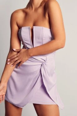 Satin V Bar Twist Front Mini Dress -BOW Clothing Shop lilac satin v bar twist front mini dress 4