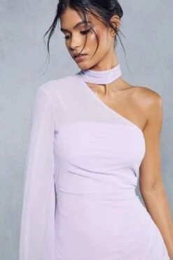 Sheer Overlay Ruched Choker Neck Asymmetric Midi Dress 11 Sheer Overlay Ruched Choker Neck Asymmetric Midi Dress -BOW Clothing Shop lilac sheer overlay ruched choker neck asymmetric midi dress 2