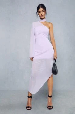 Sheer Overlay Ruched Choker Neck Asymmetric Midi Dress 13 Sheer Overlay Ruched Choker Neck Asymmetric Midi Dress -BOW Clothing Shop lilac sheer overlay ruched choker neck asymmetric midi dress 4