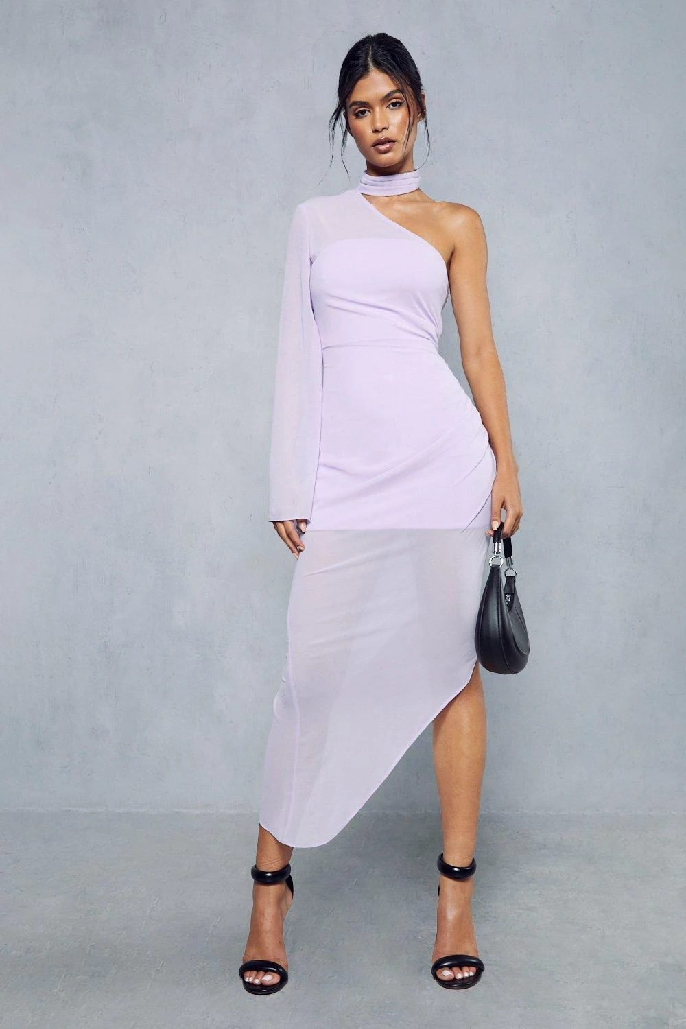 Sheer Overlay Ruched Choker Neck Asymmetric Midi Dress 7 Sheer Overlay Ruched Choker Neck Asymmetric Midi Dress - Image 5