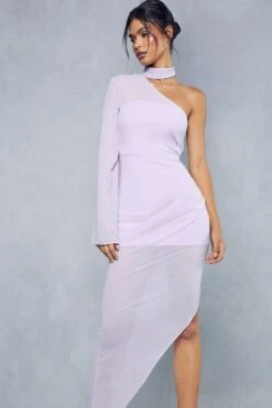 Sheer Overlay Ruched Choker Neck Asymmetric Midi Dress 14 Sheer Overlay Ruched Choker Neck Asymmetric Midi Dress -BOW Clothing Shop lilac sheer overlay ruched choker neck asymmetric midi dress 5
