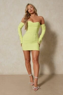 Corset Drape Bust Split Sleeve Mini Dress -BOW Clothing Shop lime corset drape bust split sleeve mini dress 3