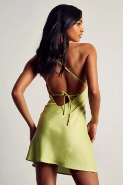 Recycled Satin Cowl Neck Mini Dress -BOW Clothing Shop lime recycled satin cowl neck mini dress 2
