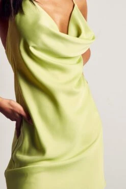 Recycled Satin Cowl Neck Mini Dress -BOW Clothing Shop lime recycled satin cowl neck mini dress 4