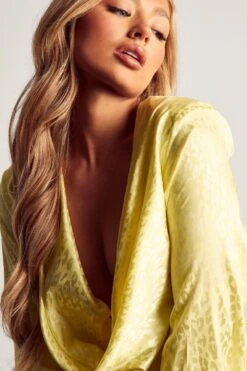 Satin Jacquard Cowl Neck Mini Dress -BOW Clothing Shop lime satin jacquard cowl neck mini dress 1