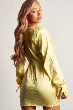 Satin Jacquard Cowl Neck Mini Dress -BOW Clothing Shop lime satin jacquard cowl neck mini dress 2