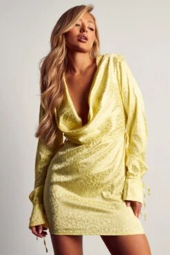 Satin Jacquard Cowl Neck Mini Dress -BOW Clothing Shop lime satin jacquard cowl neck mini dress 4