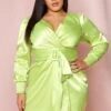 Satin Puff Shoulder Belted Dress -BOW Clothing Shop lime satin puff shoulder belted dress