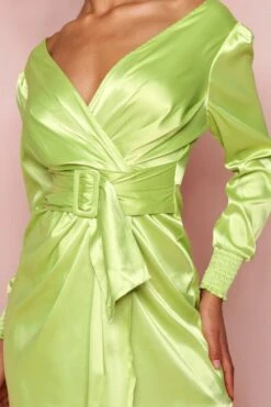 Satin Puff Shoulder Belted Dress -BOW Clothing Shop lime satin puff shoulder belted dress 3