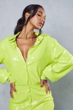 Sequin Deep Cuff Button Through Shirt Dress -BOW Clothing Shop lime sequin deep cuff button through shirt dress 1